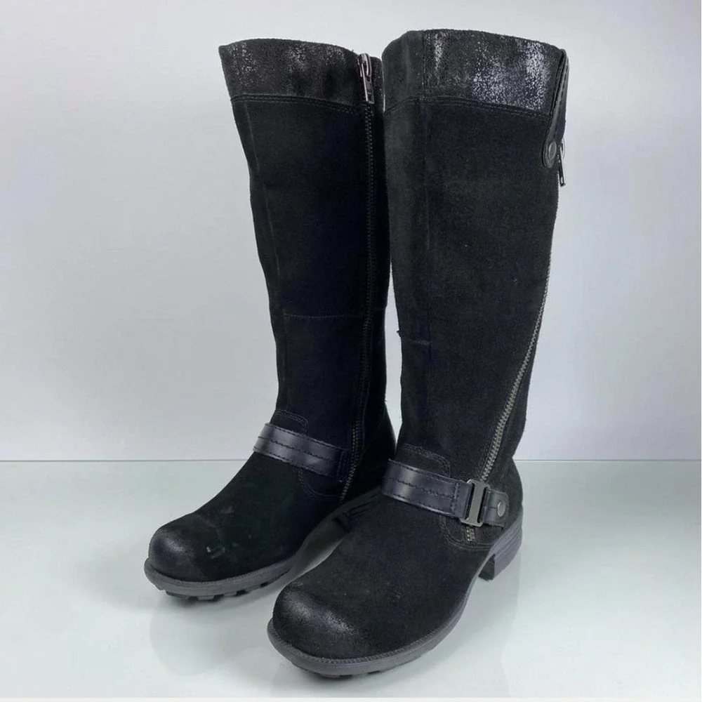 Earth Origins Black Suede Tall Boots Women Mixed Media Buckle Strap Zip Size 8
